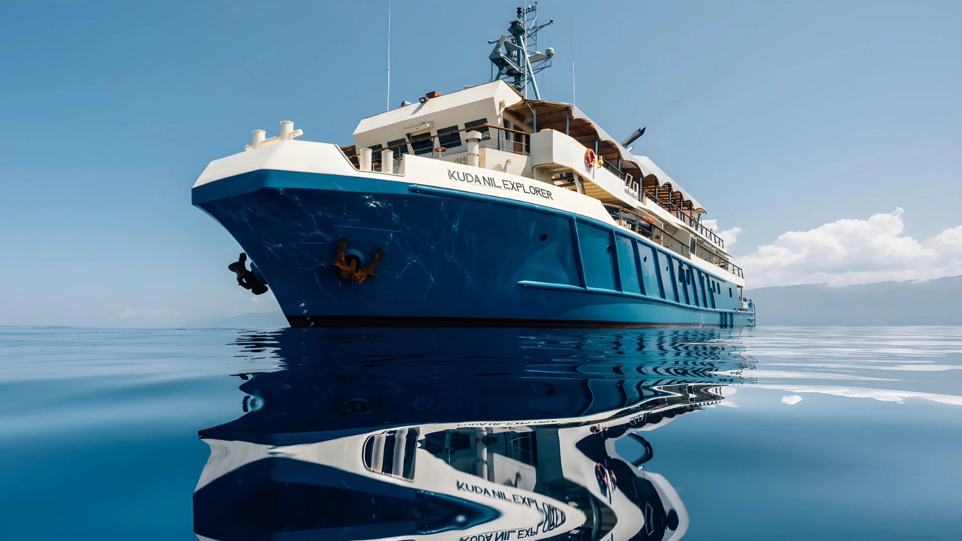 Kudanil Explorer expedition yacht with blue steel hull mirrored on glassy calm sea
